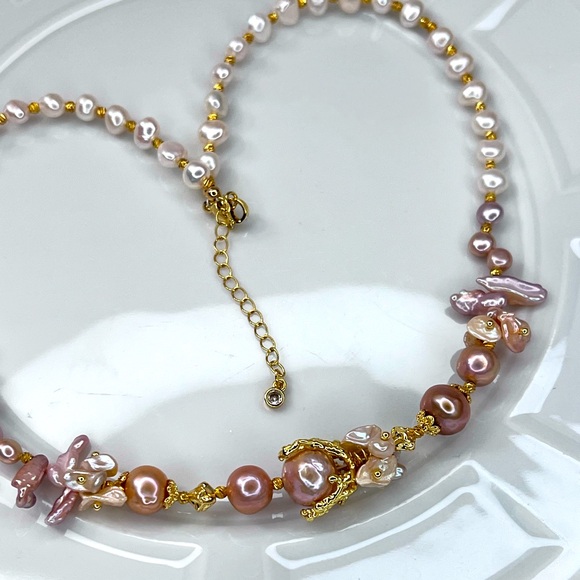 Handmade Freshwater Peach Pink Metallic Edison Pearl Necklace - Picture 6 of 8